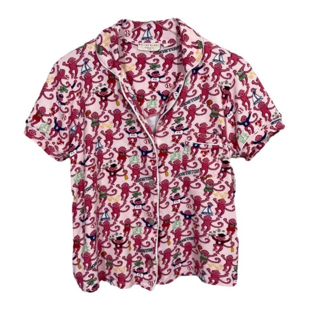 New ROLLER RABBIT PINK BOSTON MONKEYS POLO PAJAMAS TOP SZ MED PREPPY COTTON PJ - Picture 3 of 16